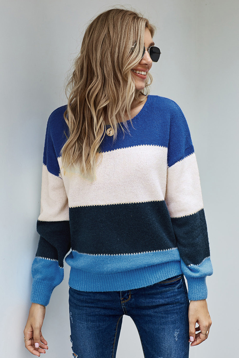 Blue Pullover Colorblock Winter Sweater