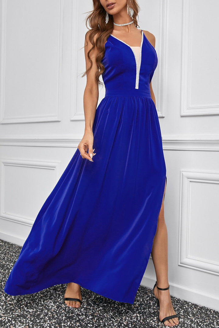 Blue Rhinestone Side Split Deep V Neck Maxi Formal Dress