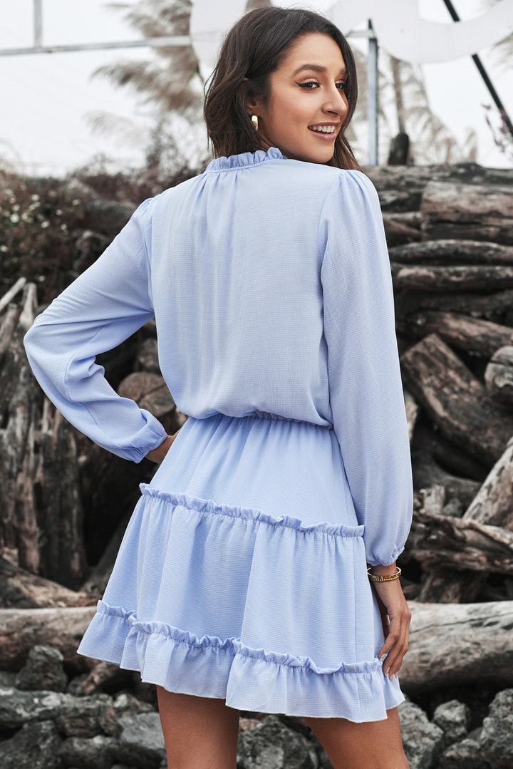 Blue V Neck Long Sleeve Ruffle Tiered Mini Dress