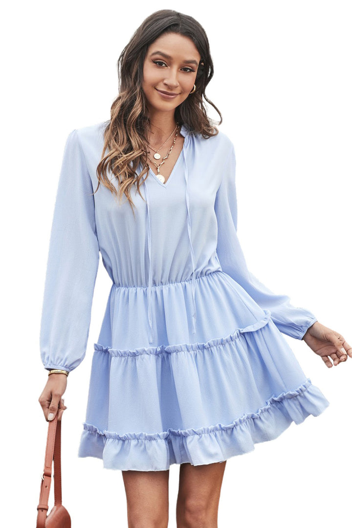 Blue V Neck Long Sleeve Ruffle Tiered Mini Dress