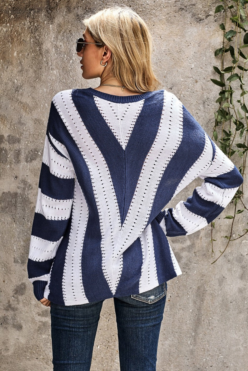 Blue White Striped Colorblock V Neck Knitted Sweater