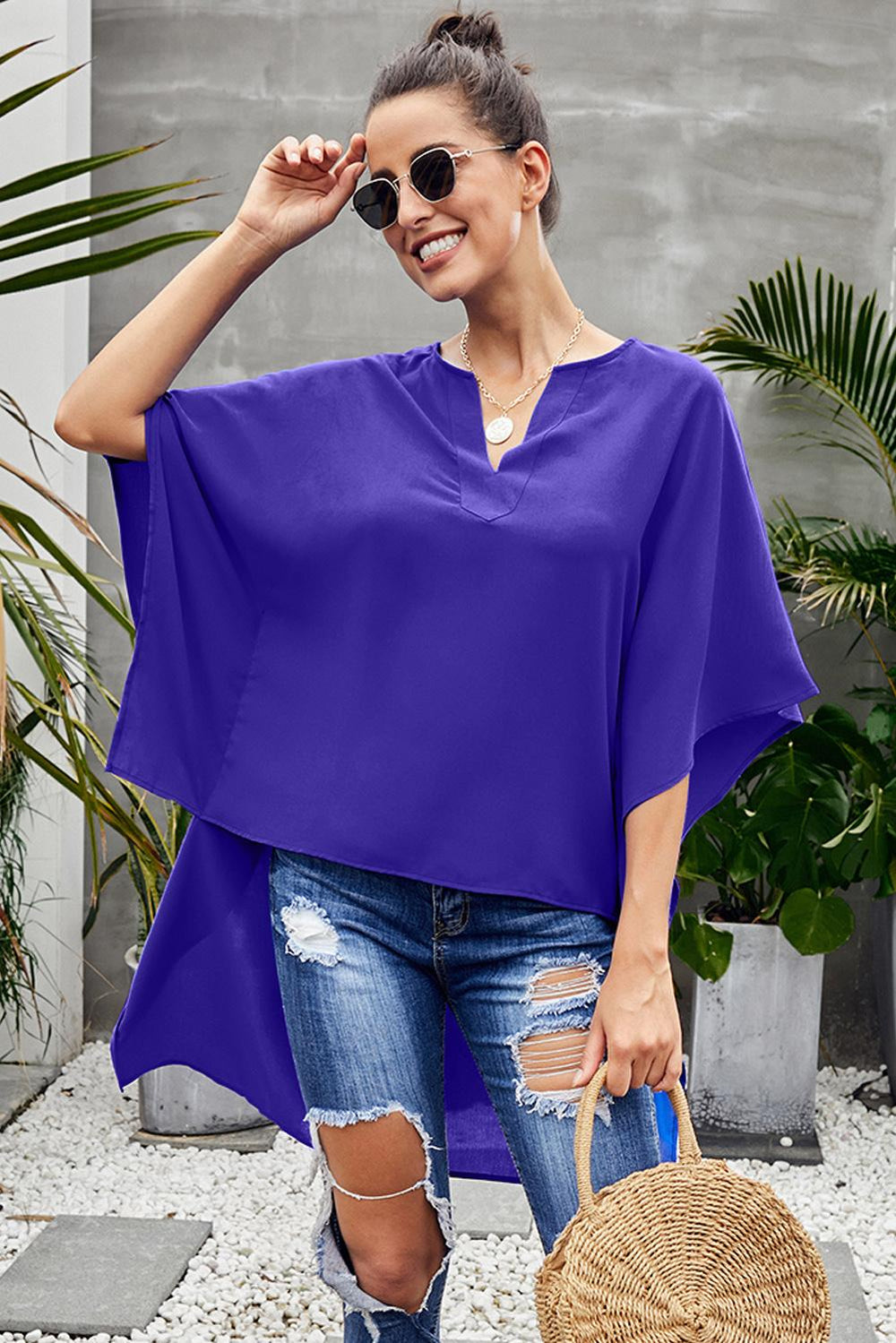 Blue Chic High Low Flowy Style Blouses Top
