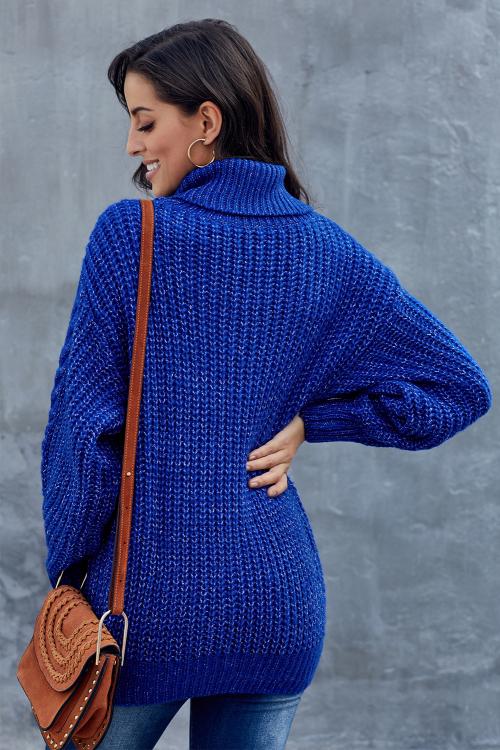 Blue Chunky Turtleneck Knitted Sweater