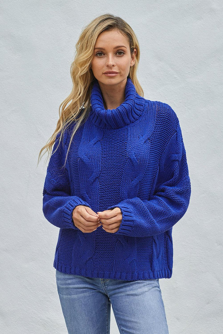 Blue Handmade Cable Knit Turtleneck Sweater – ModeShe.com