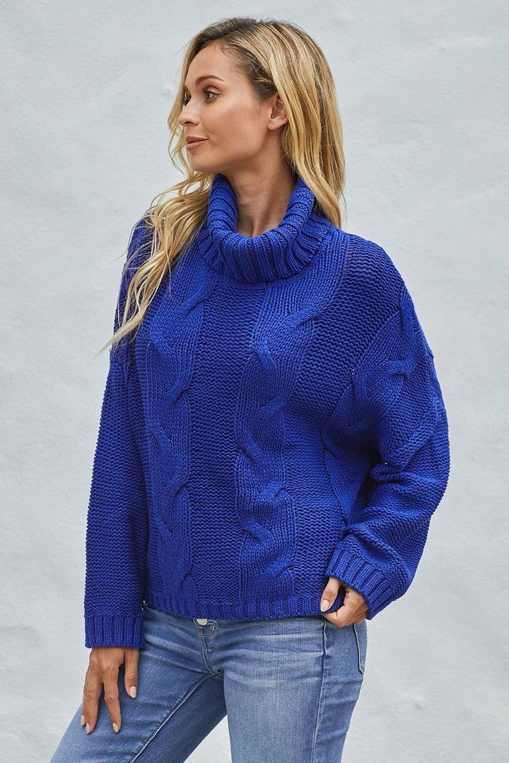 Blue Handmade Cable Knit Turtleneck Sweater