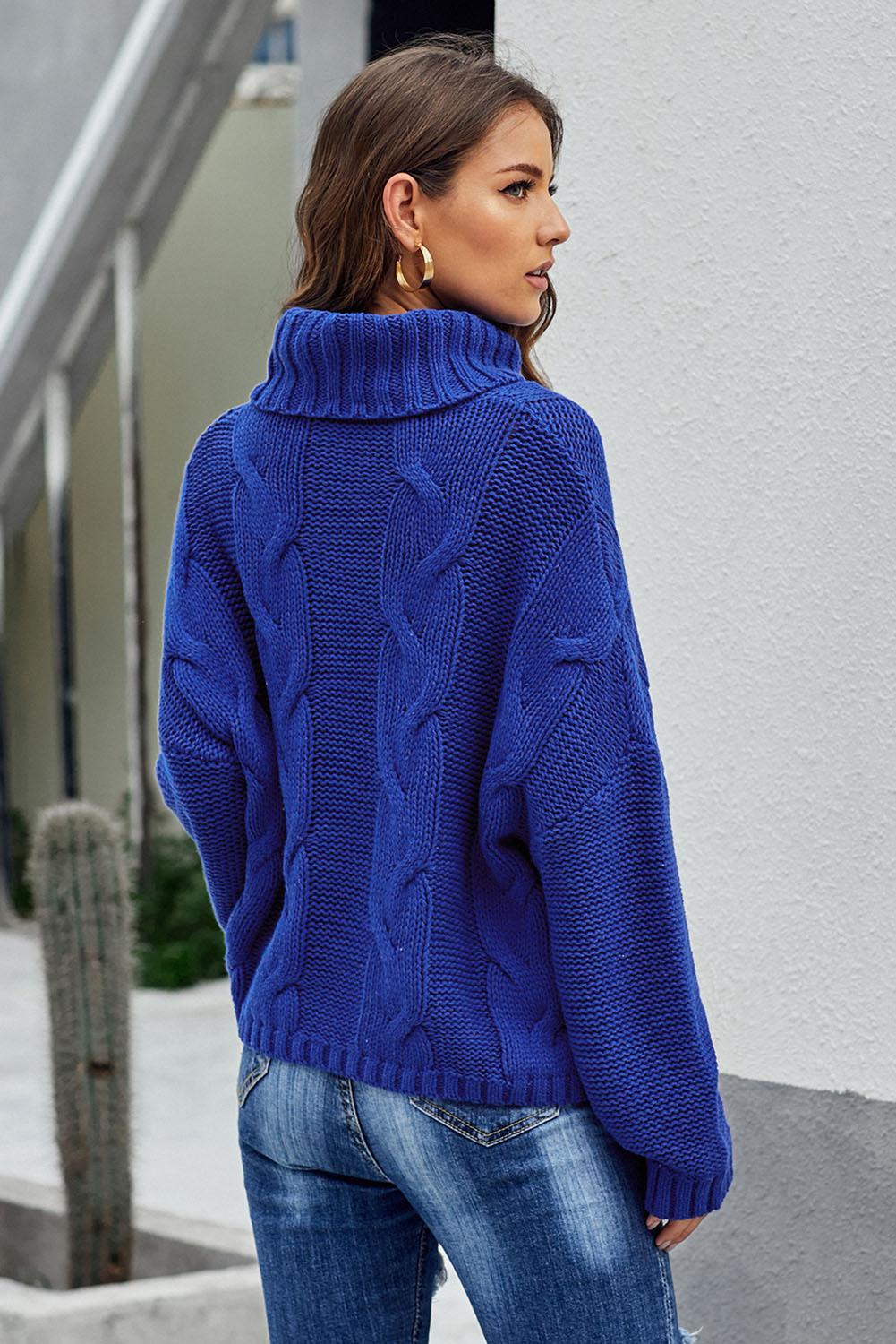 Blue Handmade Cable Knit Turtleneck Sweater