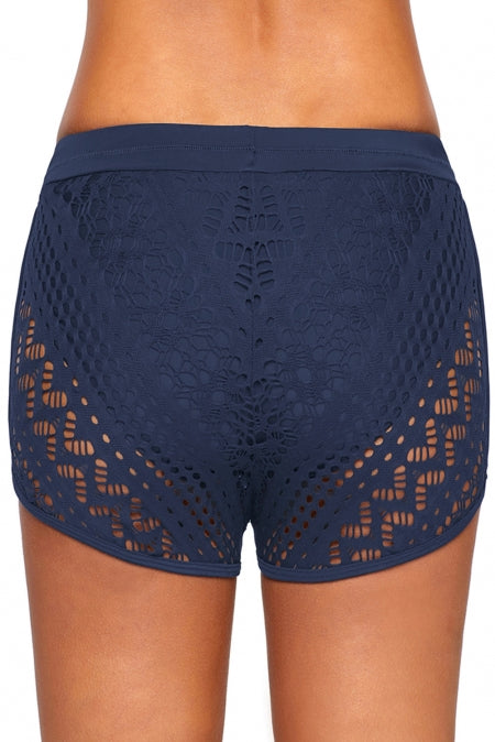 Blue Hollow Out Lace Overlay Swim Short Bottom