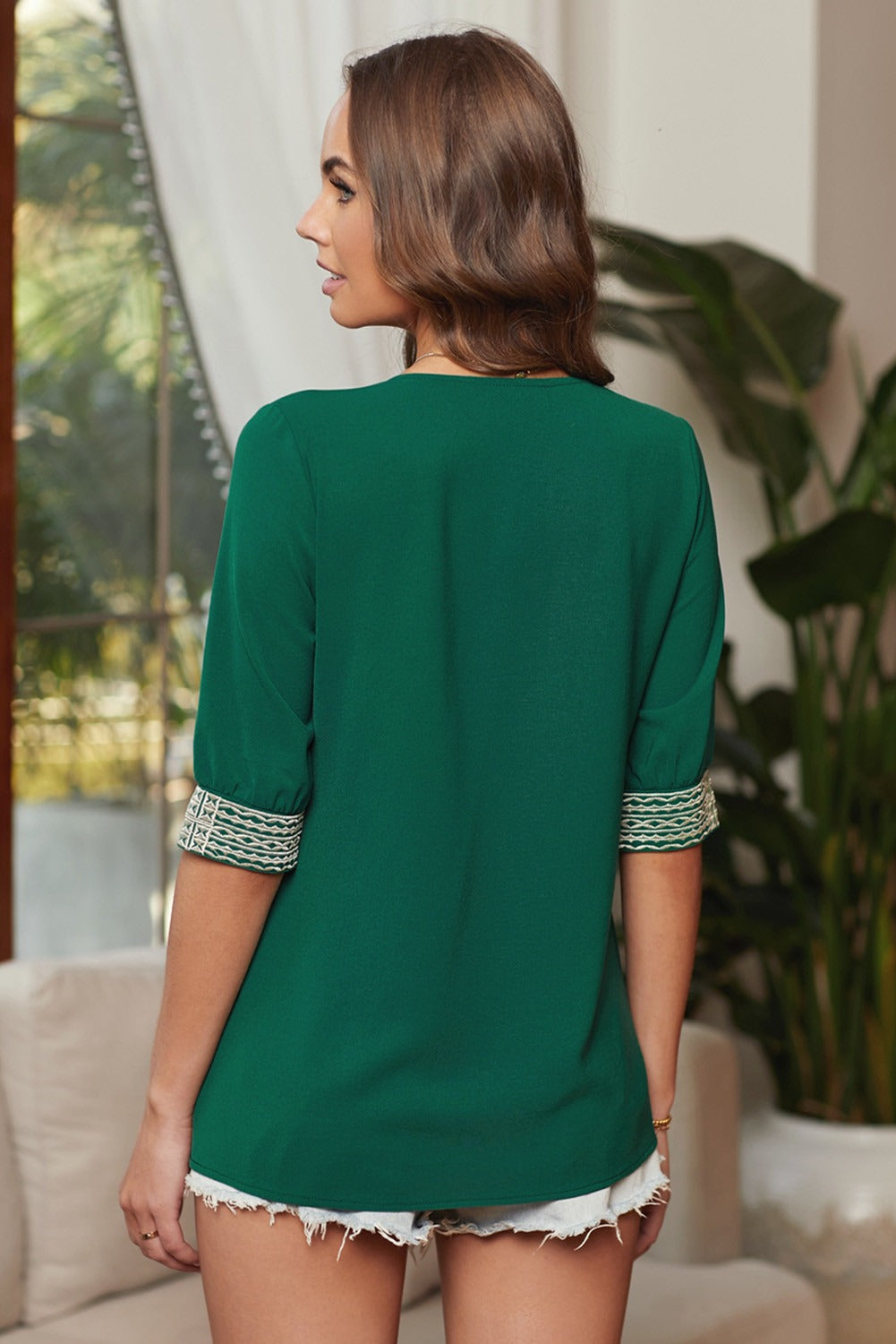 Boho Green Deep V-neck Half Sleeve Embroidery Patch Blouse