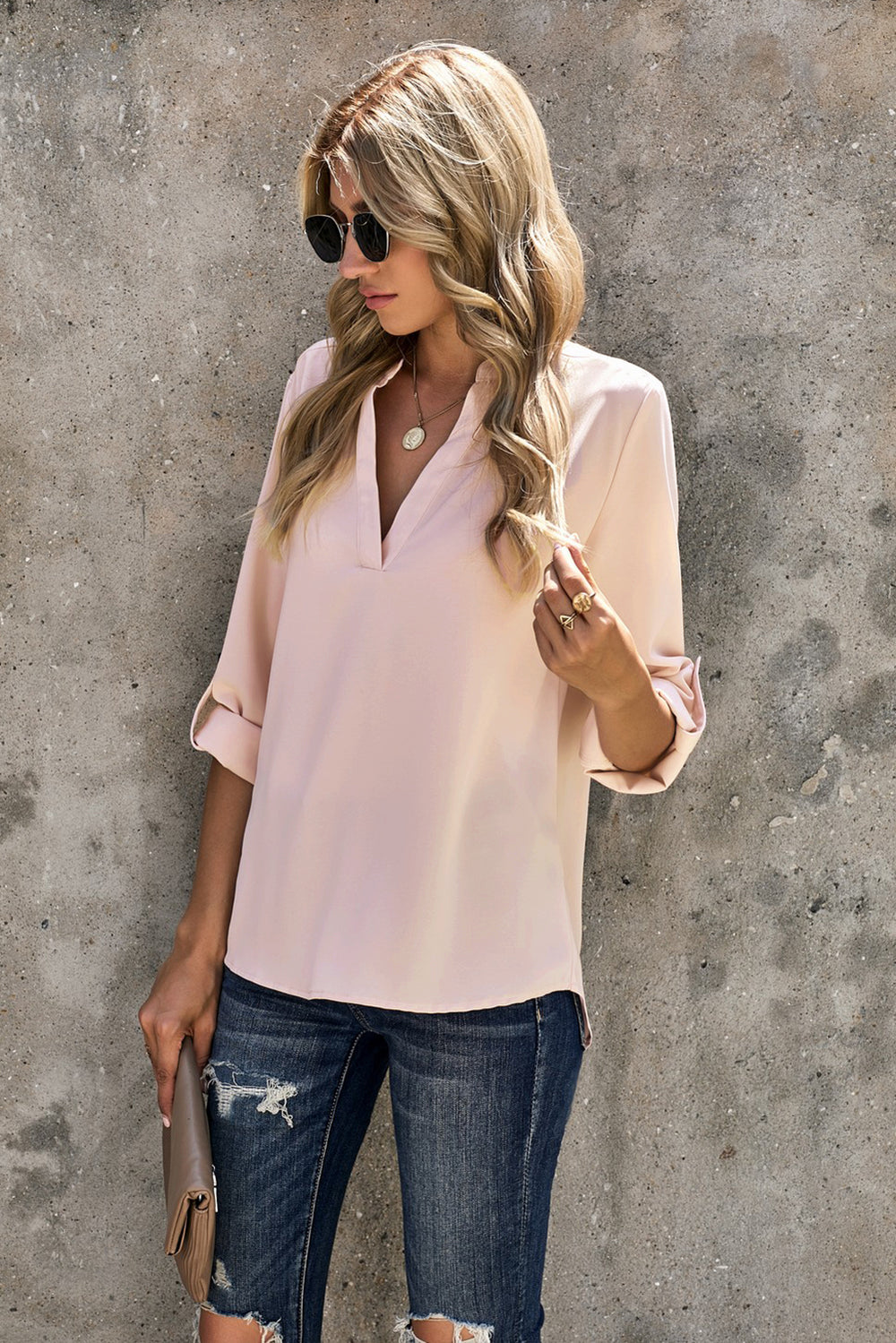 Brief Apricot Split Collar Roll Up Sleeve Blouse