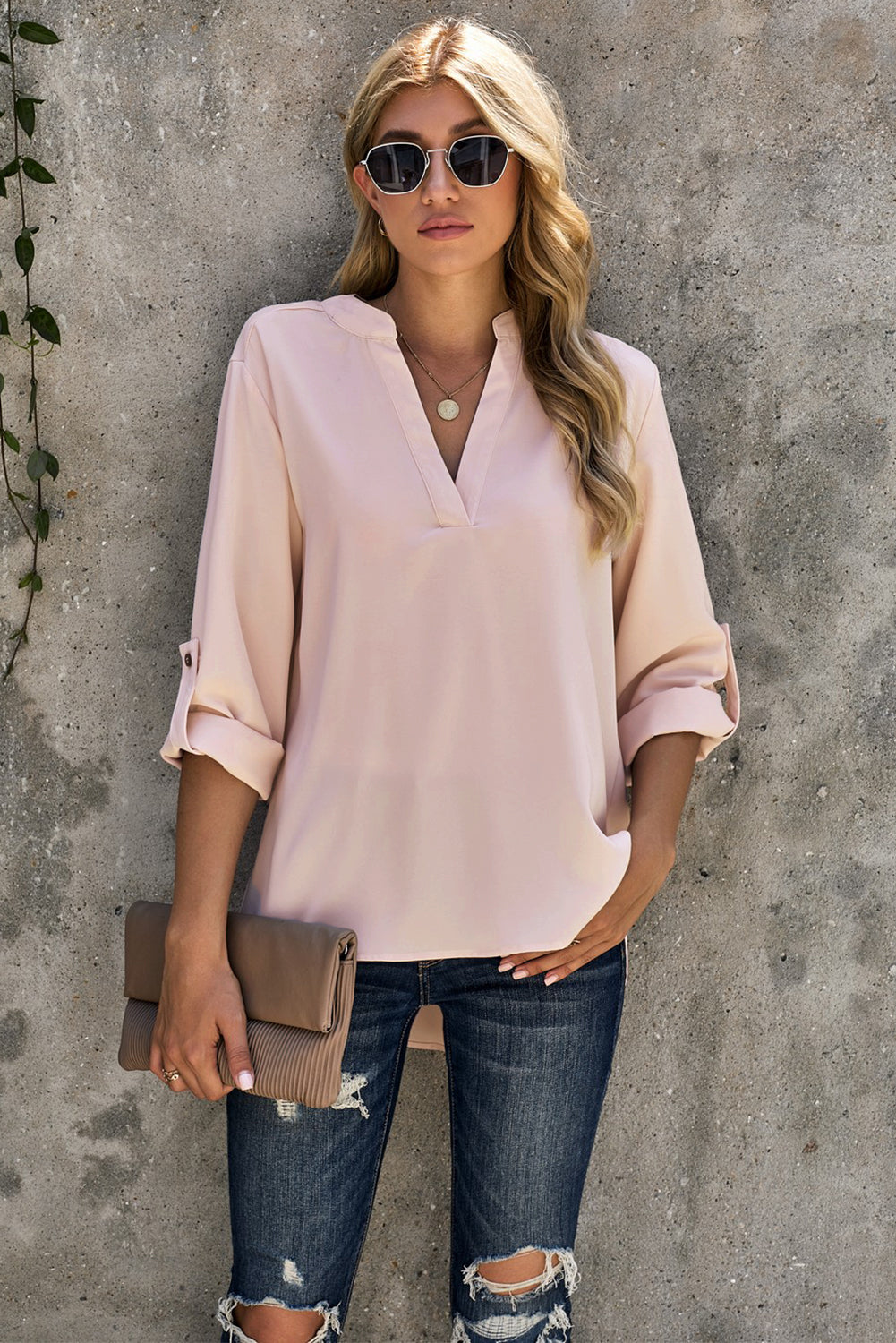 Brief Apricot Split Collar Roll Up Sleeve Blouse