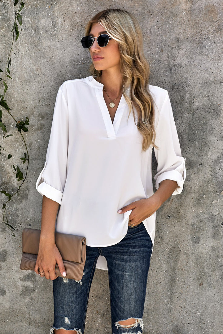 Brief White Split Collar Roll Up Sleeve Blouse