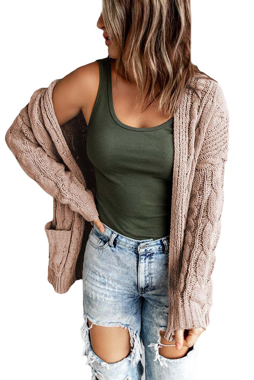 Brown Drop-shoulder Open Front Knitted Sweater