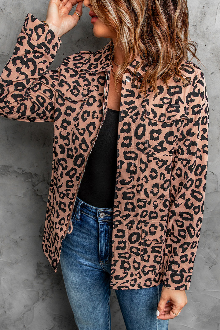 Brown Zipper Leopard Coat