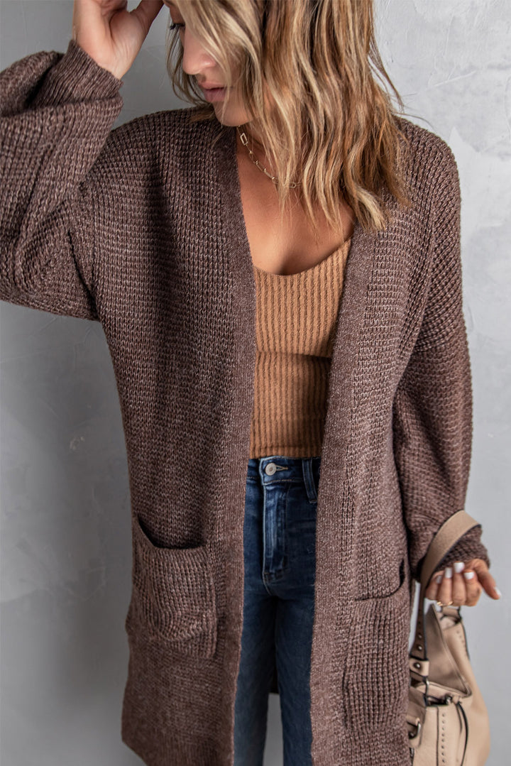 Brown Open Front Waffle Knit Texture Long Cardigan