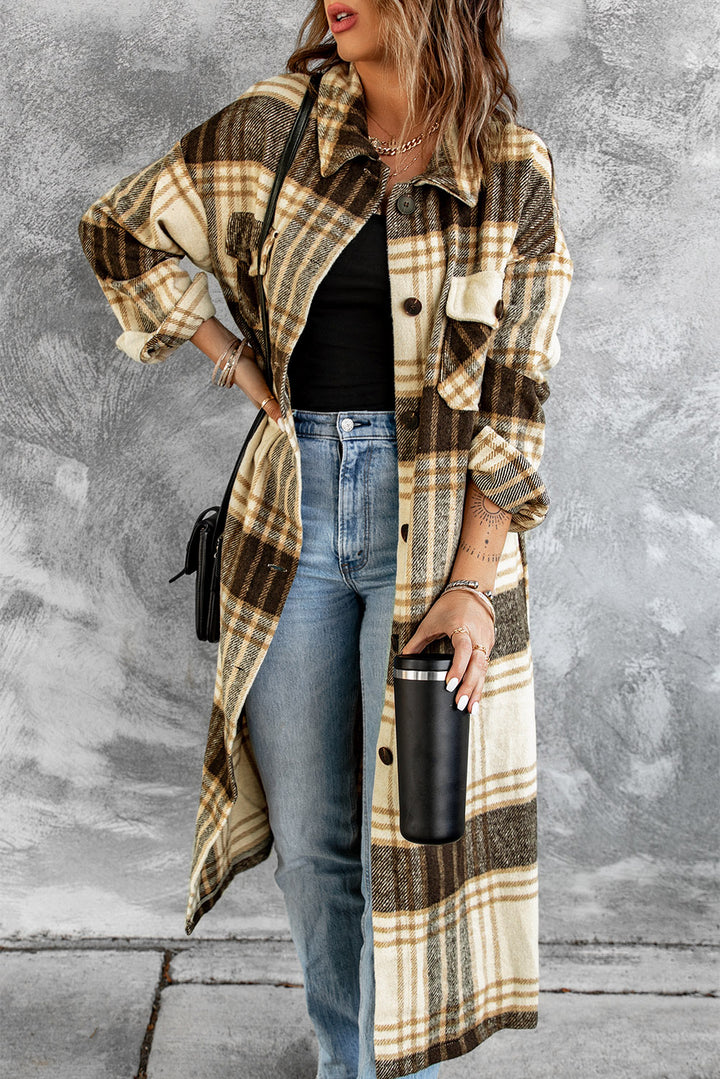 Brown Pocketed Plaid Shirt Long Overcoat