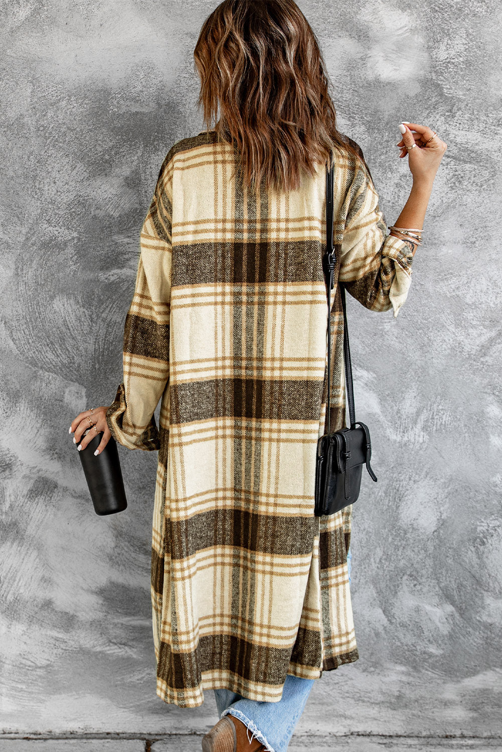 Brown Pocketed Plaid Shirt Long Overcoat