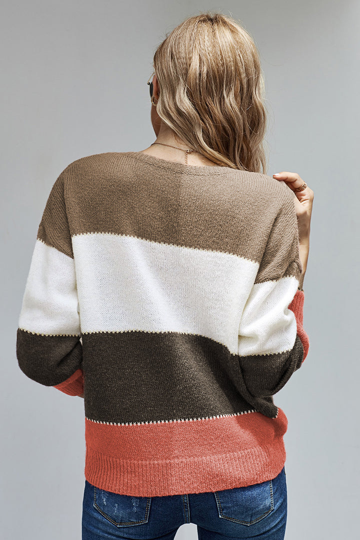 Brown Pullover Colorblock Winter Sweater