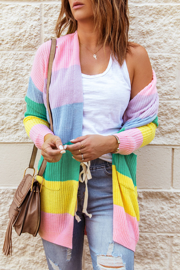 Pink Rainbow Color Block Drape Oversized Knitted Cardigan