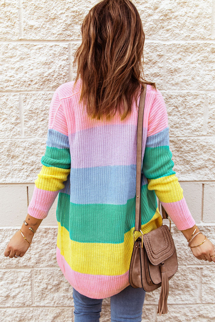 Pink Rainbow Color Block Drape Oversized Knitted Cardigan