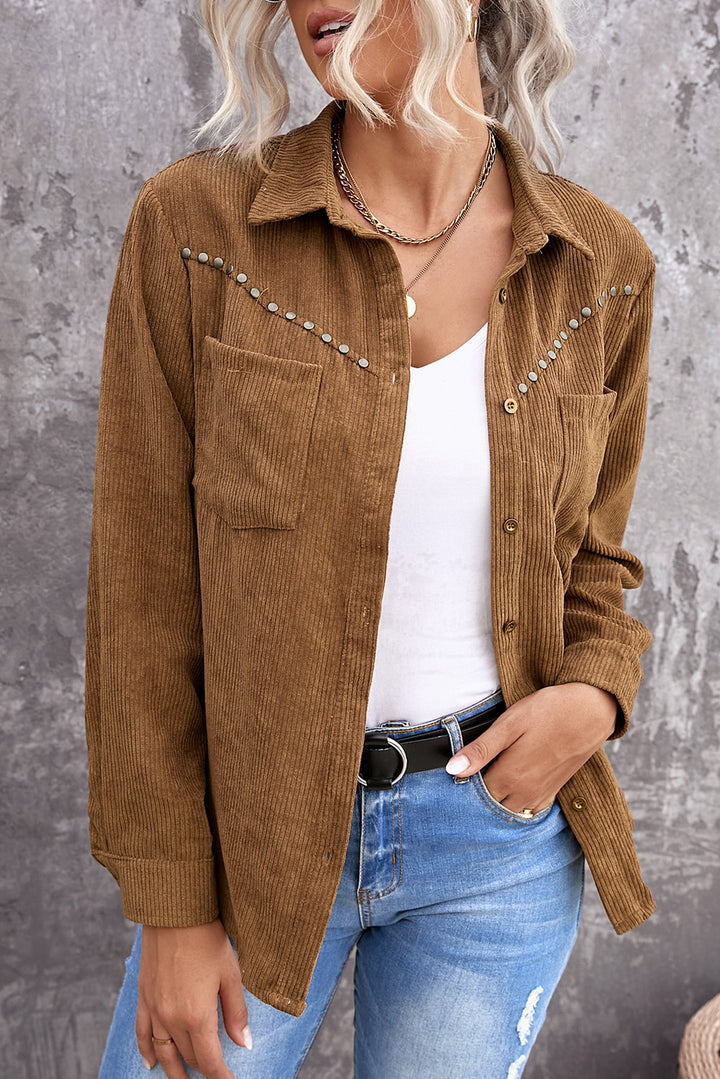 Brown Rivet Corduroy Buttoned Long Sleeve Shirt Coat