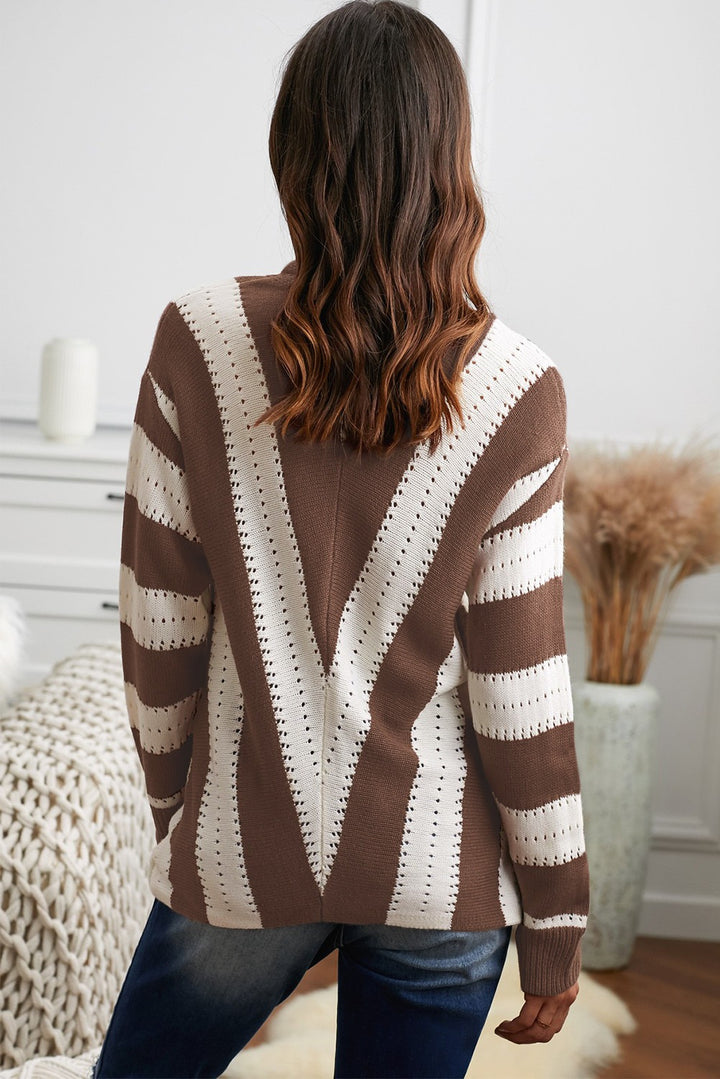 Brown White Striped V Neck Sweater