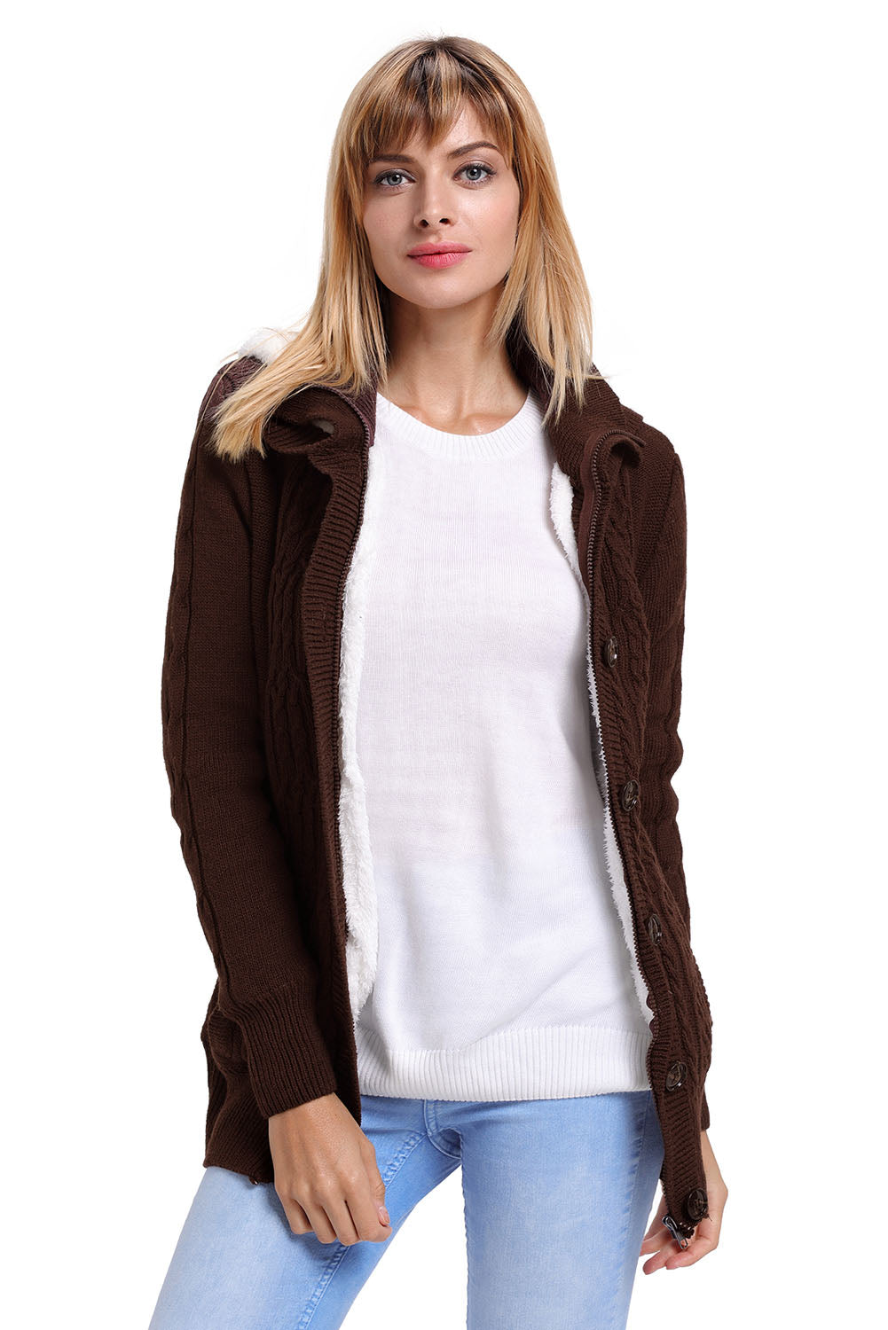 Brown Long Sleeve Button-up Hooded Knit Cardigans