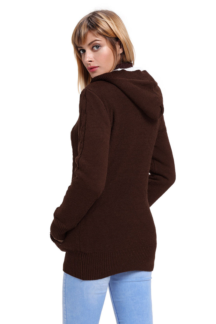 Brown Long Sleeve Button-up Hooded Knit Cardigans