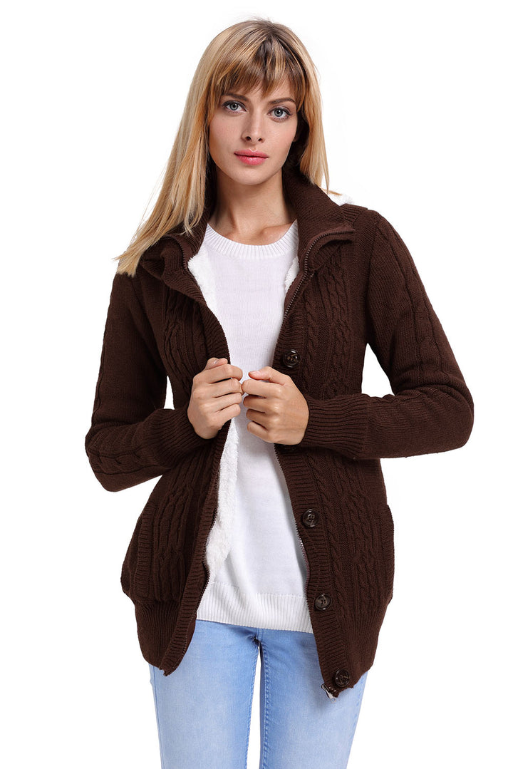 Brown Long Sleeve Button-up Hooded Knit Cardigans