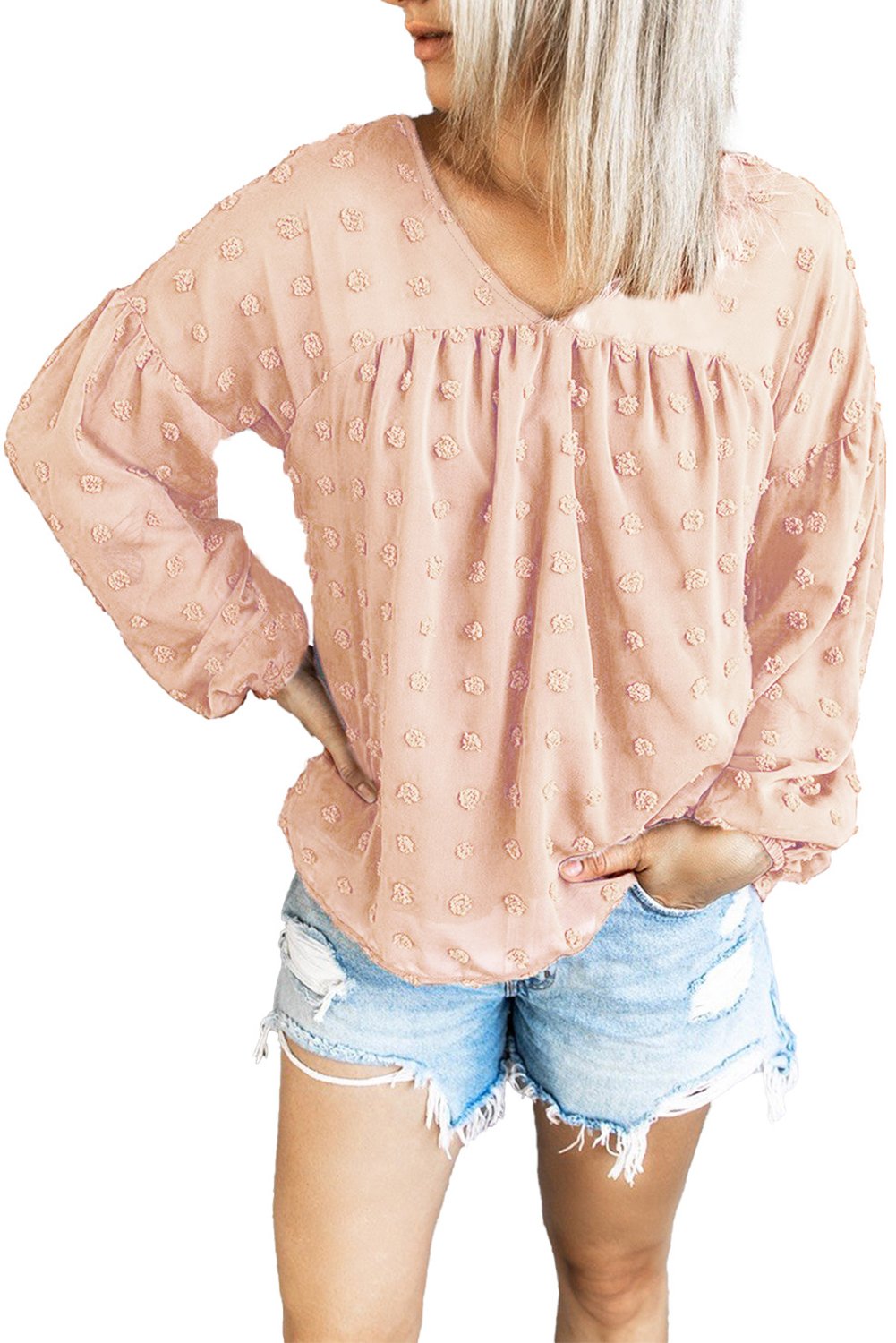 Casual Apricot Swiss Dot V Neck Puff Sleeve Babydoll Blouse