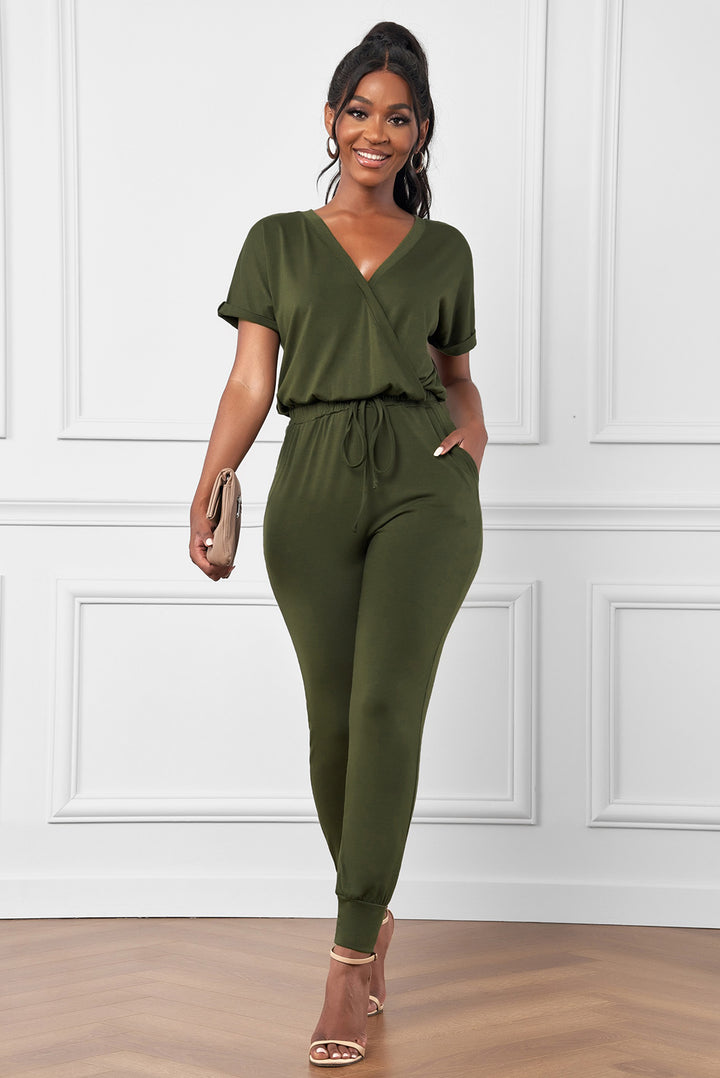Casual Army Green V Neck Wrap Front Jumpsuits
