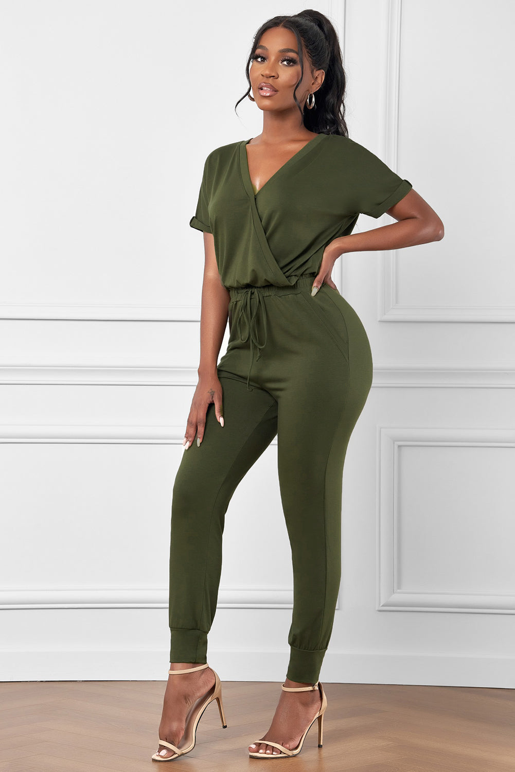 Casual Army Green V Neck Wrap Front Jumpsuits