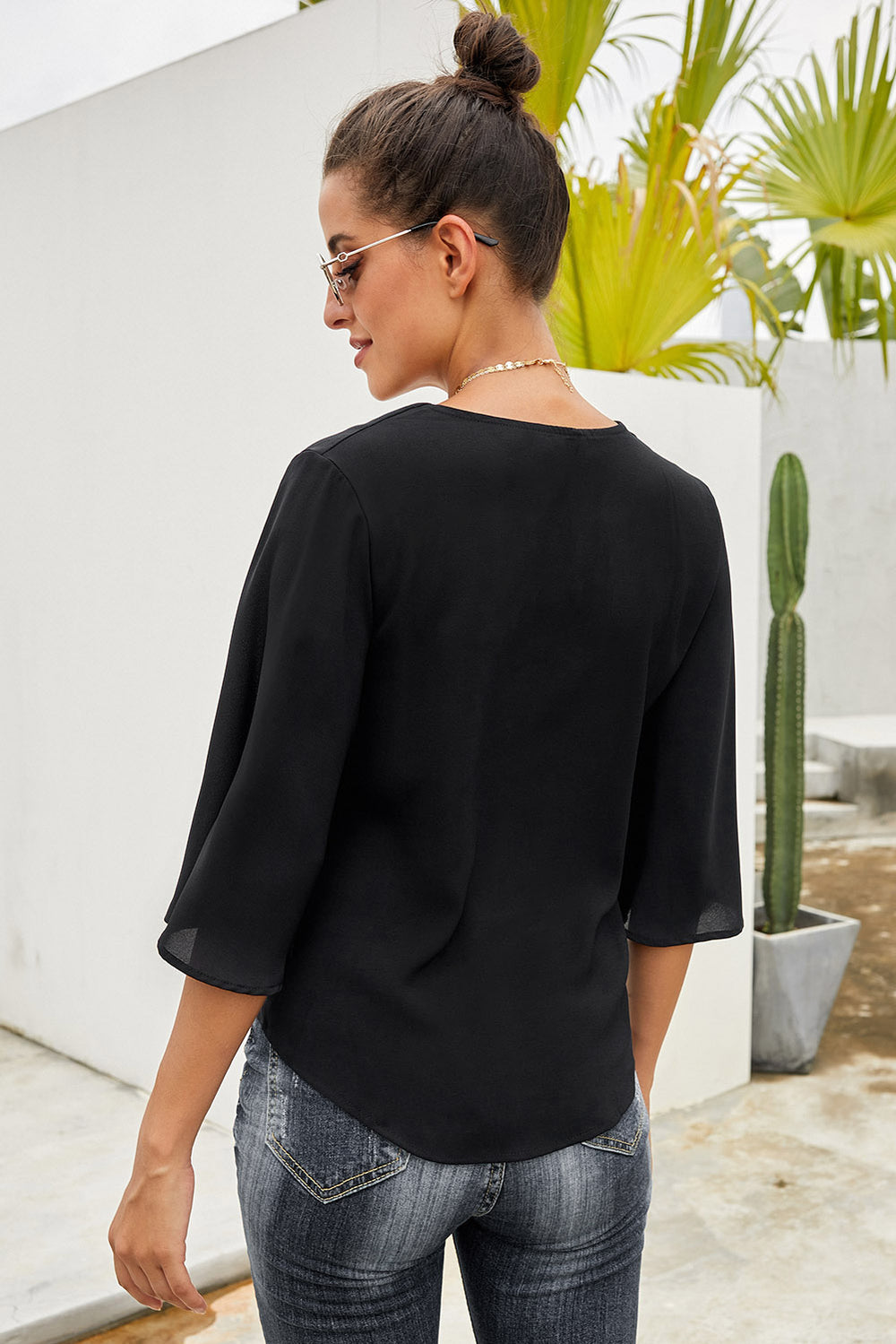 Casual Black Button Tie Blouse Top