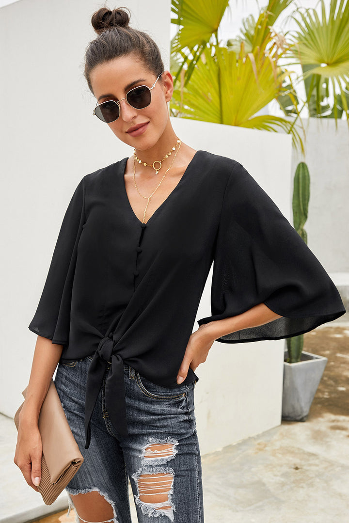 Casual Black Button Tie Blouse Top