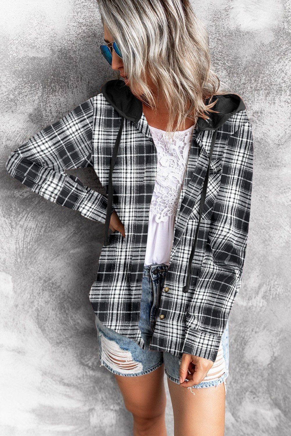 Casual Black Drawstring Plaid Hooded Shirt Coat