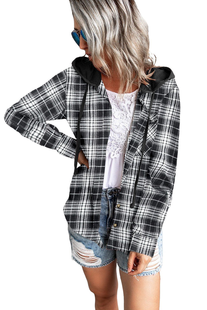 Casual Black Drawstring Plaid Hooded Shirt Coat