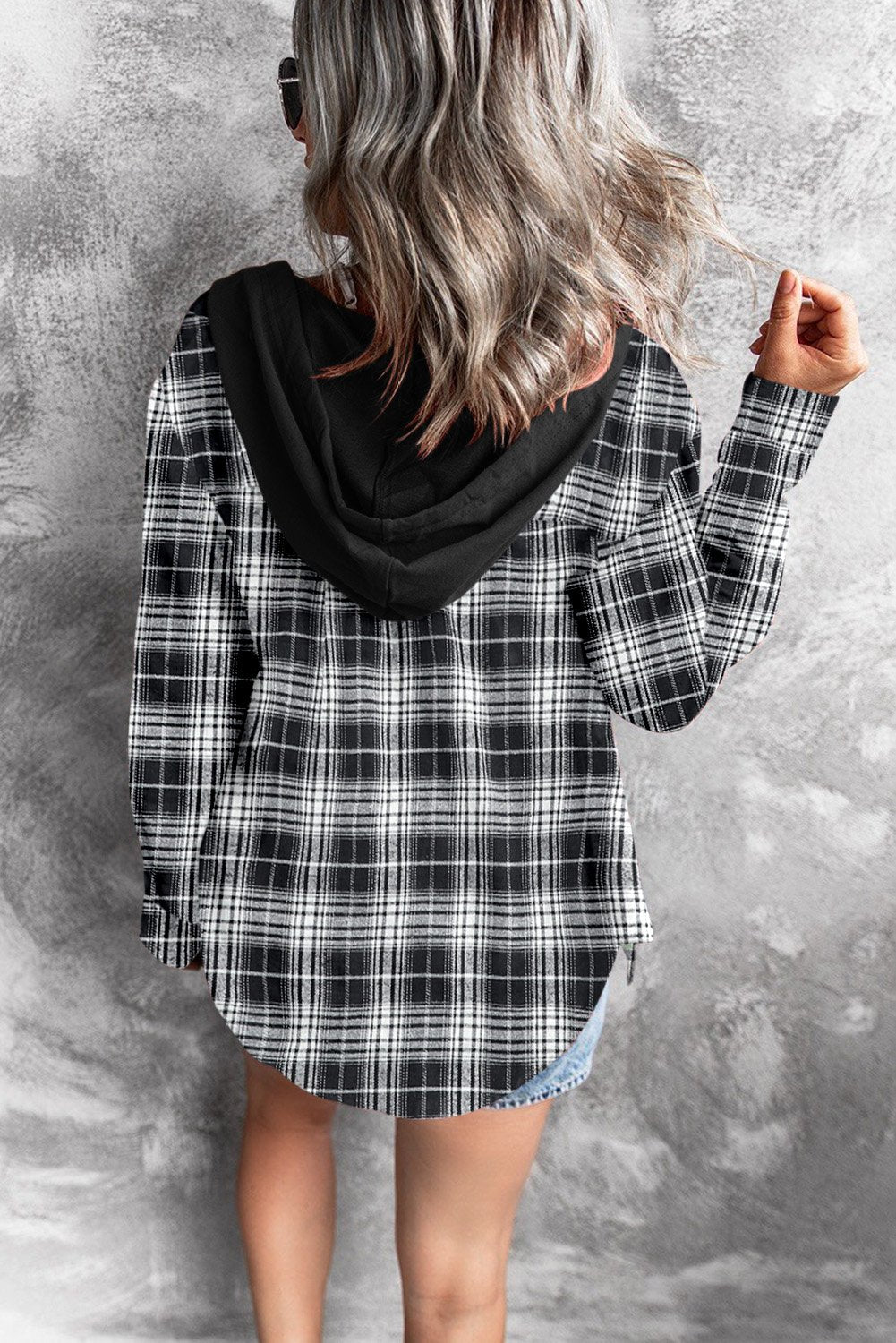 Casual Black Drawstring Plaid Hooded Shirt Coat