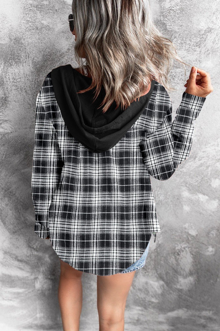 Casual Black Drawstring Plaid Hooded Shirt Coat