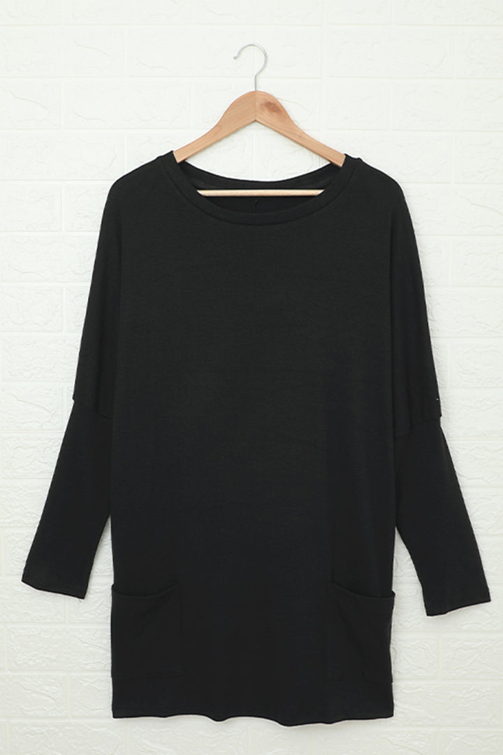 Casual Black Longline Pocketed Long Sleeve Top