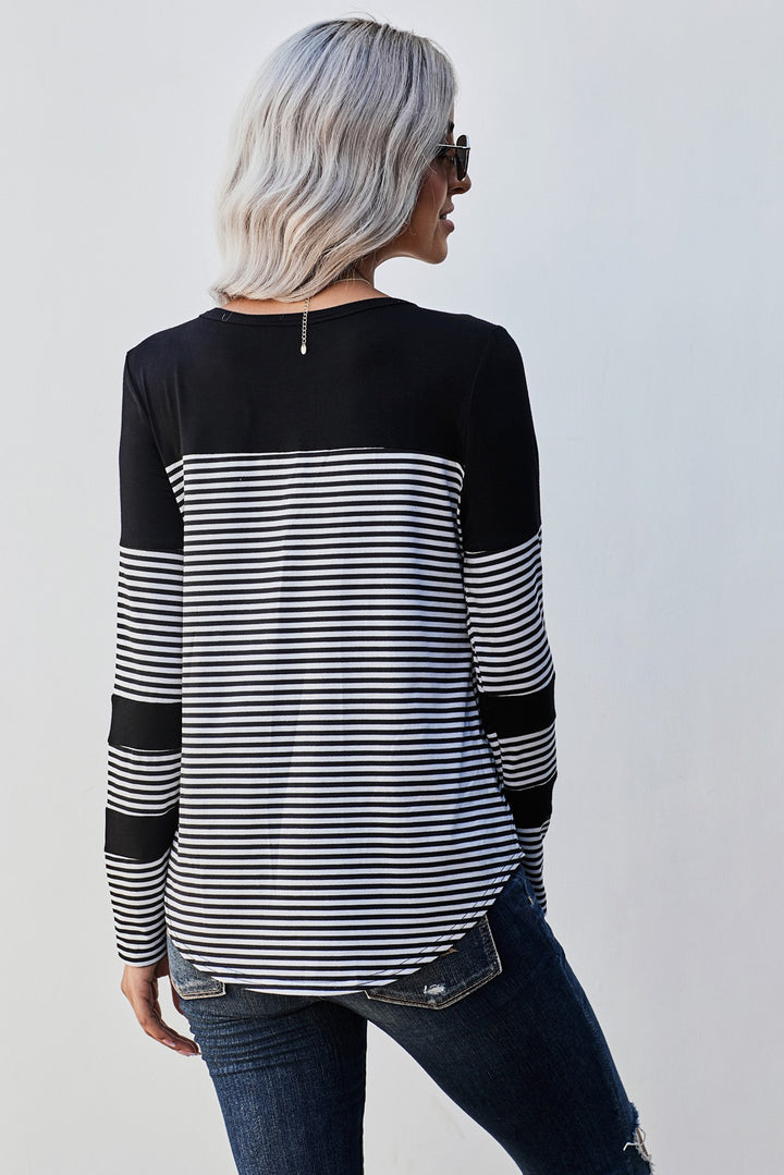 Casual Black Striped Pinstripe Patch Pocket Long Sleeve Top