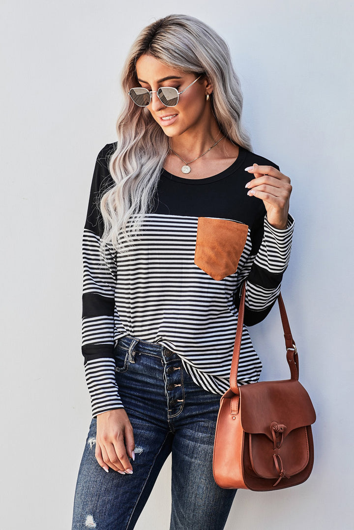 Casual Black Striped Pinstripe Patch Pocket Long Sleeve Top