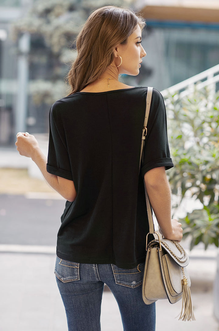 Casual Black Plain Short Sleeve Twist T Shirt