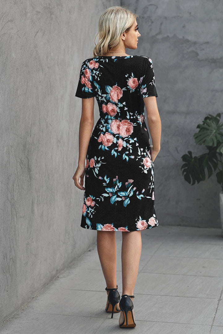 Casual Black Short Sleeve Pocketed Drawstring Midi Floral Dress
