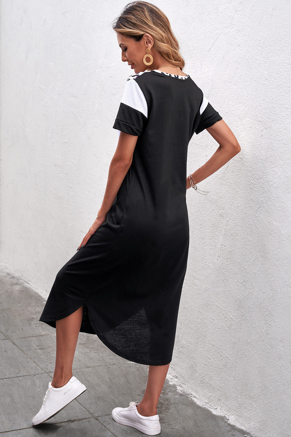 Casual Black V Neck Contrast Leopard Print Short Sleeves Split Maxi Dress