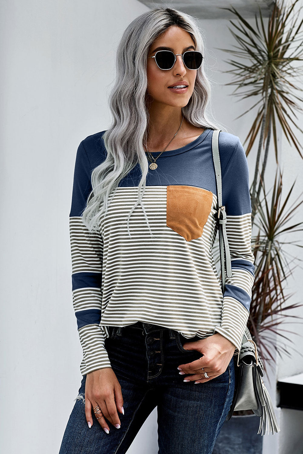 Casual Blue Striped Pinstripe Patch Pocket Long Sleeve Top