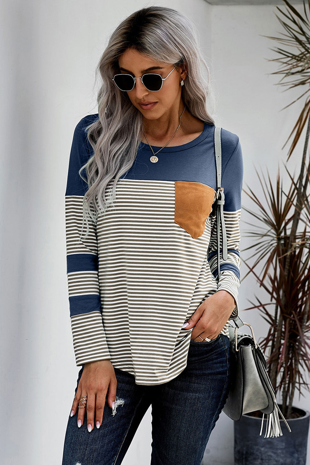 Casual Blue Striped Pinstripe Patch Pocket Long Sleeve Top