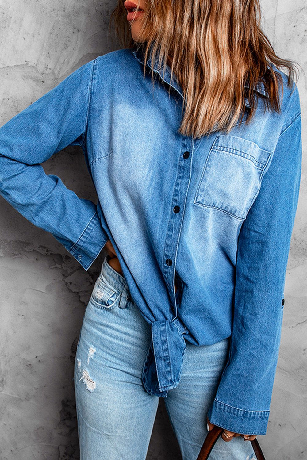 Casual Blue Washed Pocketed Denim Shirt