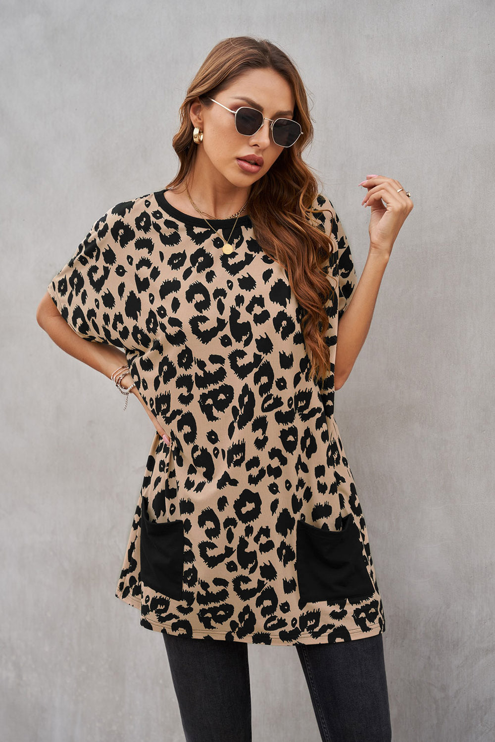 Casual Brown Leopard Print Pocketed T-shirt Mini Dress