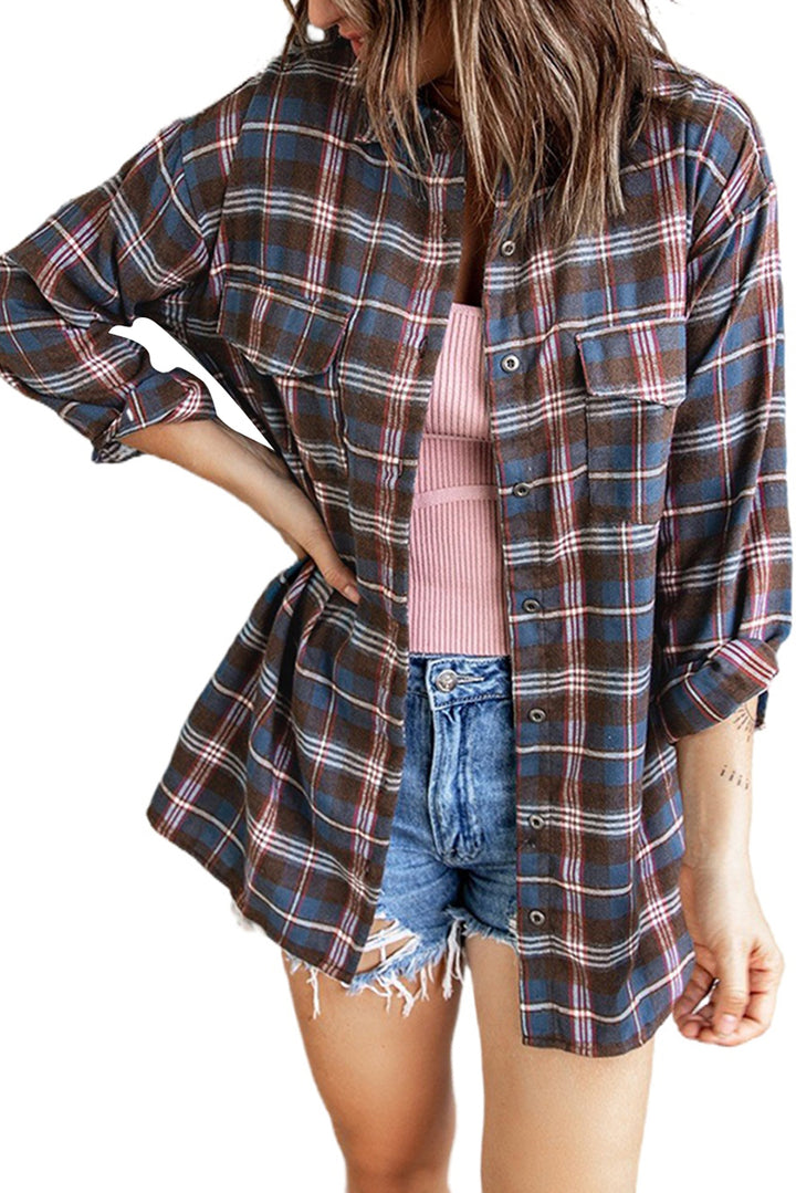 Casual Brown Pocket Buttons Long Sleeve Plaid Shirt
