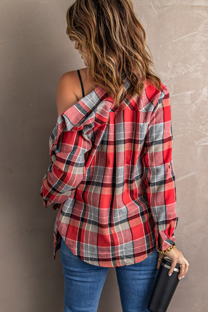Casual Button Pocket Red Plaid Shirt