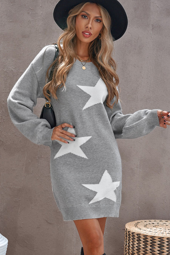 Casual Gray Star Print Pullover Sweater Dress